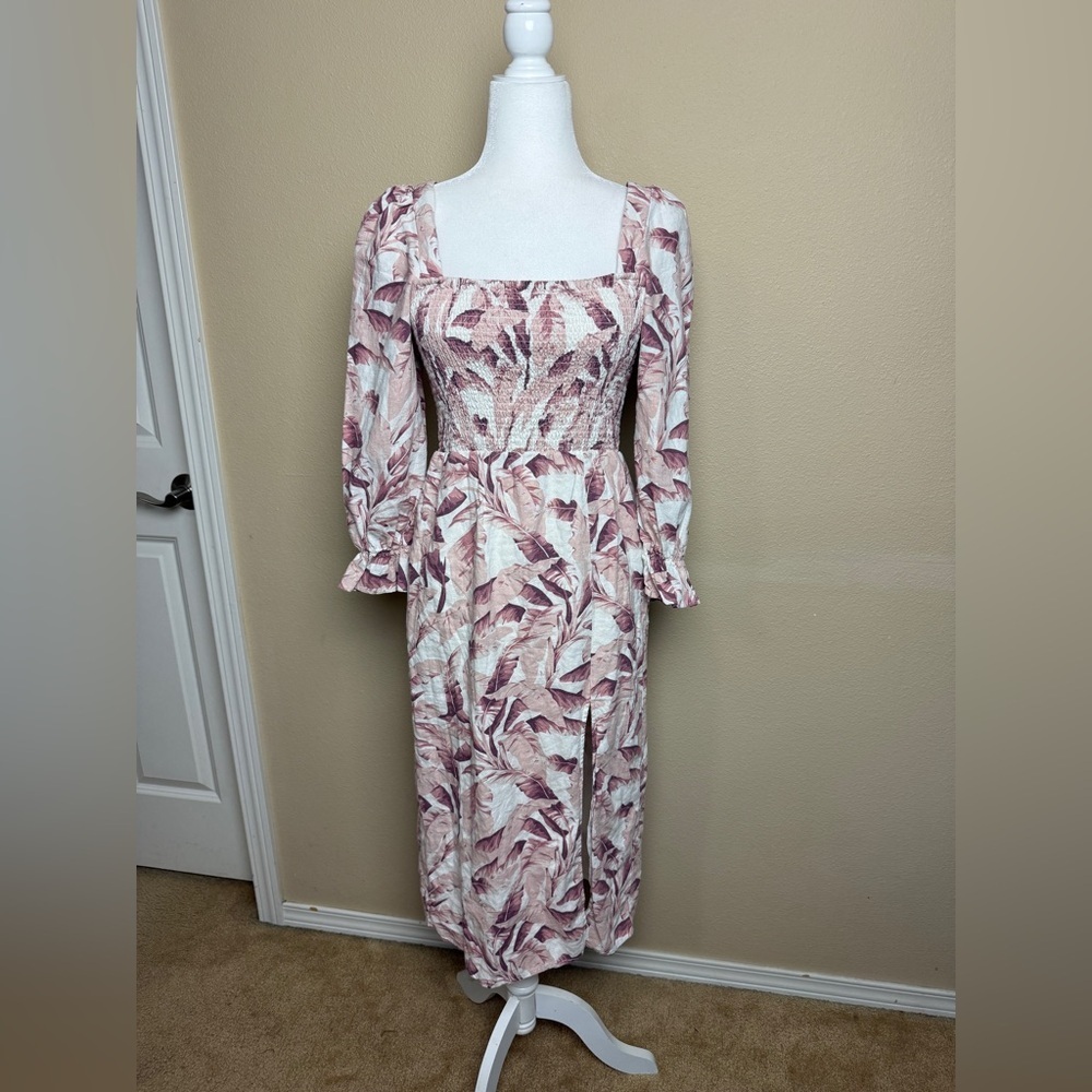 House of Harlow 1960 Floral Palm Linen Puff Sleeve Dress Size Small